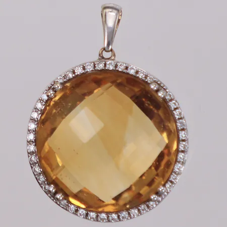 Hänge, checkerslipad gul sten samt diamanter 40 x ca. 0,005ct, 25x18mm, vitguld, 18K Vikt: 5 g