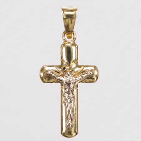 Hänge, krucifix, vitguldsdetaljer, italienska stämplar, längd 30mm inkl ögla, bredd 14mm, 18K  Vikt: 2,8 g
