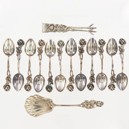 12 Moccaskedar, 1 sockersked, 1 sockertång, silver 830/1000,  Vikt: 133,4 g