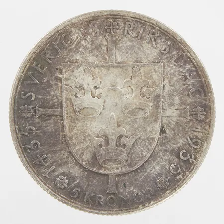 Mynt, 5kr, Gustaf V Sveriges Konung, Med folket för fosterland, 1435 Sveriges Riksdag 1935, 900/1000 Vikt: 25 g