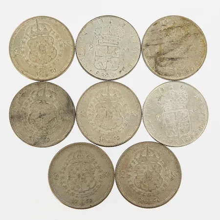 8 mynt, 2 kr, blandade årtal, 400/1000 Silver Vikt: 111,7 g