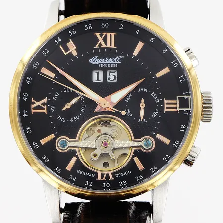 Herrur Ingersoll, stål/gulmetall, automatisk, Ø42mm, svart urtavla, datum, sekundvisare, glasbaksida, nr IN6900 TSQB, limited edition, original läderband med viklås, ca 19,5cm, inga tillbehör.