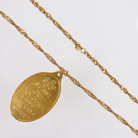 Collier, guldtacka hänge 999,9, 24K, Singapore kedja, går ej öppna, 21K, längd ca80cm, bredd 3,3mm  Vikt: 53,5 g