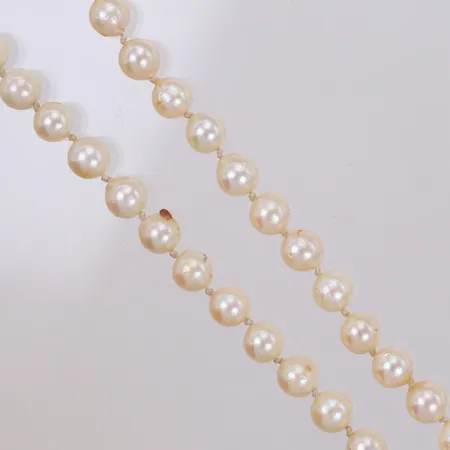 Pärlcollier med odlade saltvattenspärlor Ø6,5-6,9mm, längd ca 70cm, modell utan lås, flera pärlor med ytslitage 