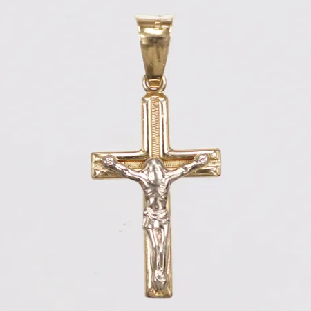 Hänge, krucifix, vitguldsdetaljer, italienska stämplar, längd 28mm inkl ögla, bredd 13mm, 14K Vikt: 1,7 g