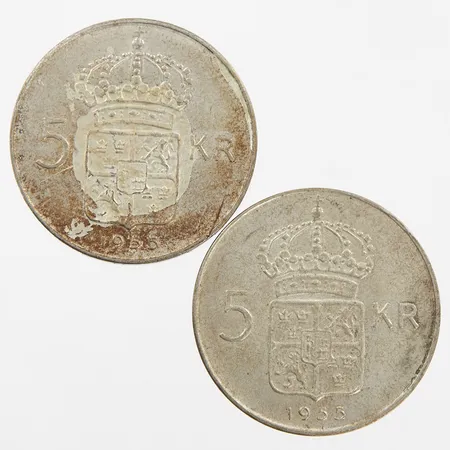 Två Mynt, 5kr, år 1955, silver 400/1000 Vikt: 36,2 g