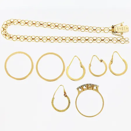 1 armband, 4 örhängen, 3 ringar, delar med stenar, allt med slitage och defekter, 18K,  Vikt: 17,5 g