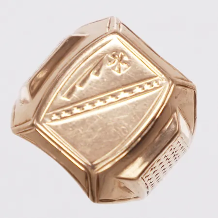 Klackring, mönstrad, stl 19¼, bredd 4-19mm, skev, sliten, 14K  Vikt: 4,6 g