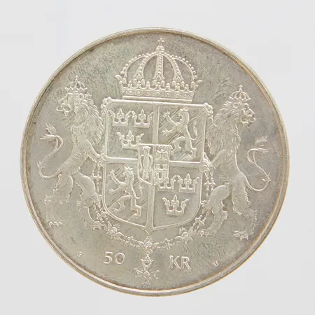 Minnesmynt, Ø36mm, Det Kungliga bröllopet, Konung Carl XVI Gustaf Drottning Silvia 19 Juni 1976, nominellt värde 50kr, Sveriges Riksbank, silver 925/1000 Vikt: 27,1 g
