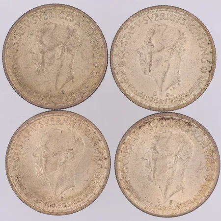 4 Mynt Gustaf V, nominellt värde 2 kr, år 1945-1948, 400/1000 silver Vikt: 56,3 g