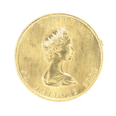 Guldmynt, Elizabeth II 50 dollars 1980, Ø30mm, Kanada, borrhål längs kant på mynt, finguld 999/1000 24K Vikt: 31,1 g