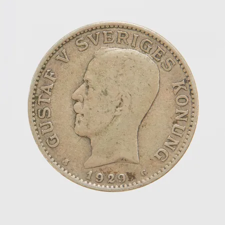 Silvermynt, Ø25mm, Gustaf V Sveriges Konung, 1kr, år 1929, 800/1000 Vikt: 7,4 g