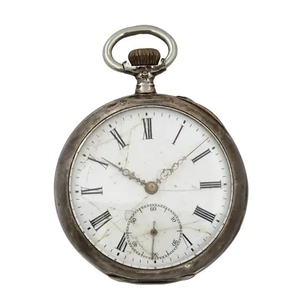 Fickur, silver (800/1000), Ø48 mm, bruksmärken/intryckningar, skadad urtavla Vikt: 81,8 g
