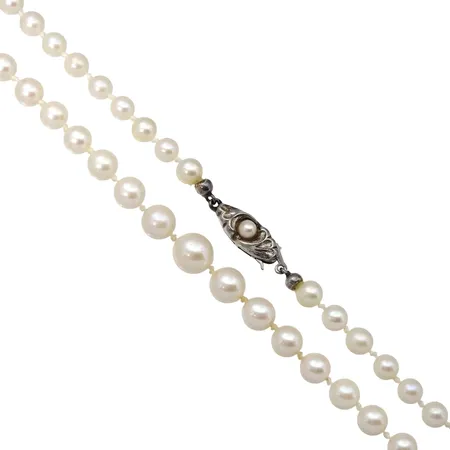 Pärlcollier, doserad modell, odlade sötvattenspärlor Ø 5,5 - 8 mm, blåvitrosa ton, god lyster, lås i silver 925/1000, låsets storlek 6,5 x 18 mm, stämplad JKa, collierets längd 61 cm, fint skick