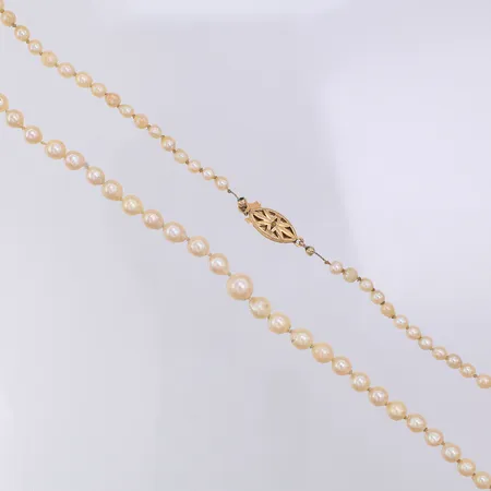Pärlcollier, odlade sötvattenpärlor, 52cm, Ø 4-7mm, flera slitna pärlor, lås 18K. Behöver träs om. Vikt: 0 g