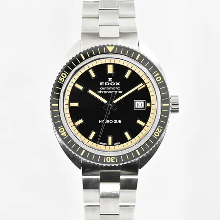 Herrur Edox Hydro-Sub, 1965 limited edition, boett Ø42 mm, automat, datum, stål, refnr 80128, serienr 1429843, vattentät 300m, dubbelt viklås, chronometer certifikat, extra länkbitar, fint skick, cert daterat 2024-01-10, box (defekt), ytterkartong.