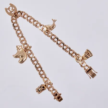 Armband Bismarck med fem berlocker, längd: ca 20,5cm, bredd: ca 7mm, CFG, Bengt Hallberg Guldsmeds AB, Köping, år 1968, 18K  Vikt: 20,9 g