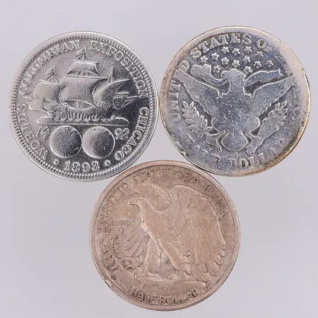 3 Mynt, half dollar, år 1893-1943, 900/1000 silver Vikt: 36 g