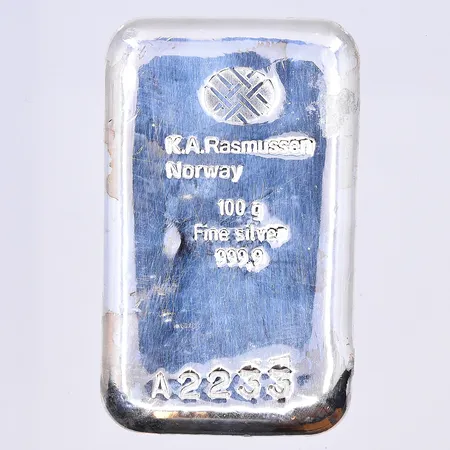 Silvertacka 100g, K.A.Rasmussen Norway, fine silver, 999,9/1000 silver 