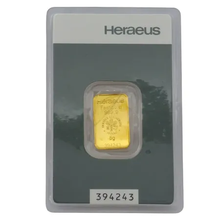 Guldtacka Heraeus 5g, 999/1000, bruten förpackning, serienummer 394243, 