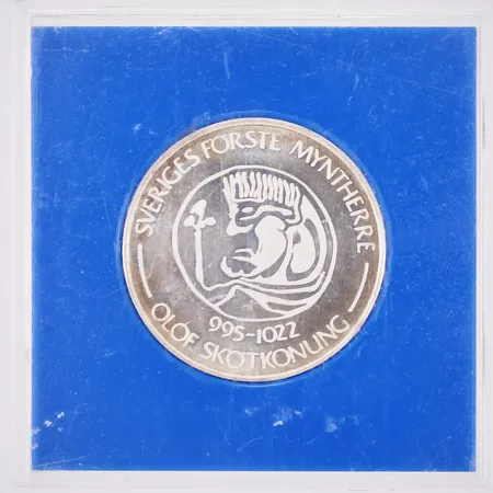 Mynt, Stadsmyntet Sigtuna, 1979, 100kr, Sveriges förste myntherre, Olof Skötkonung 995-1022, Ø ca 35mm, i etui, 925/1000 silver  Vikt: 20,5 g
