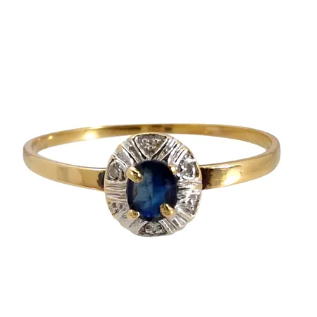 Ring, 18K guld, Safir, Diamanter 3 x 0,003ct, kontrollstämpel, Ø19,0 mm, bredd 1-7 mm, fint skick Vikt: 1,3 g