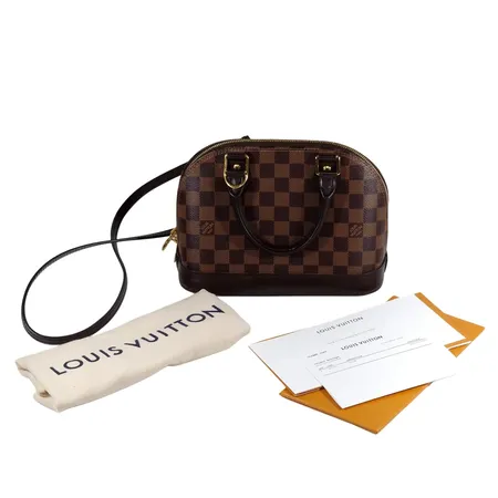 Väska Louis Vuitton Alma BB, Damier Ebene Canvas, N41221, storlek 24 x 17 x 11 cm, avtagbar axelrem, lås och nycklar,  2022, köpt butik Stockholm, dustbag, kvitto, mycket fint skick,