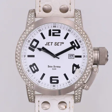 Herrur, Jet set, vit San Remo, Ø47mm, vita stenar, läderband, står still, inga tillbehör Vikt: 0 g