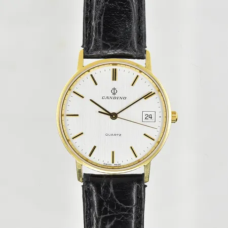 Herrur Candino, 18K, boett Ø34 mm, quartz, datum, läderband, gravyr på boett, behov av batteribyte, inga tillbehör. Vikt: 0 g