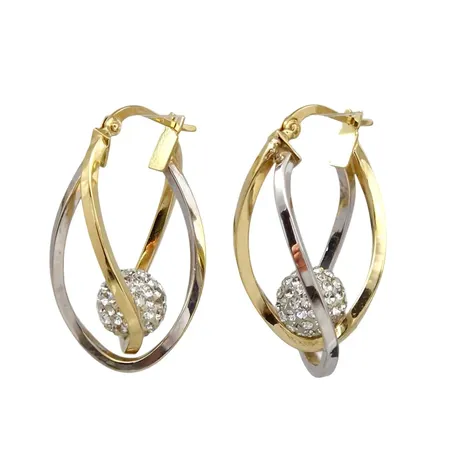 Örhängen, 14K guld, tvåfärgad större modell, klot med Kristaller, örhängenas längd 30 mm, bredd 12 mm, fint skick, stenar utan anmärkning, en liten intryckning på ena örhängets bakre del Vikt: 4,3 g