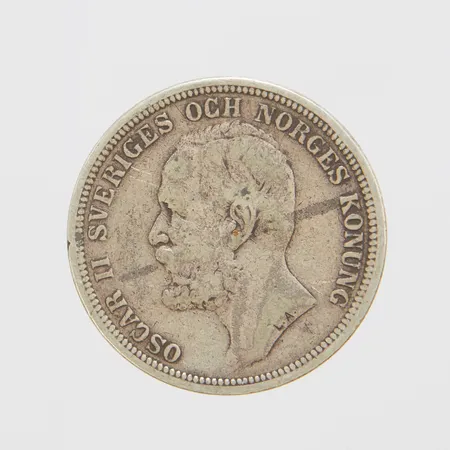 Silvermynt, Ø31mm, Oscar II Sveriges och Norges Konung, 2kr, år 1897, 800/1000 Vikt: 14,6 g
