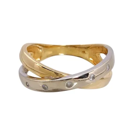 Diamantring, 18K guld, tvåfärgad modell, Diamanter 5 x 0,005ct, kontrollstämpel, Ø18,0 mm, bredd 2,7 - 8 mm, fint skick Vikt: 4,1 g