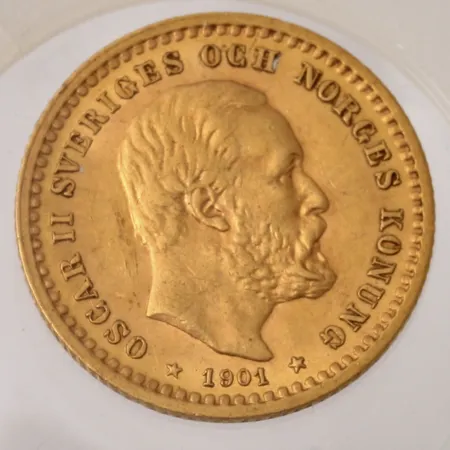 Mynt i 21,6K guld, Sveriges Riksbank, 5kronor, år 1901, etui, vikt 2,2 g Vikt: 2,2 g