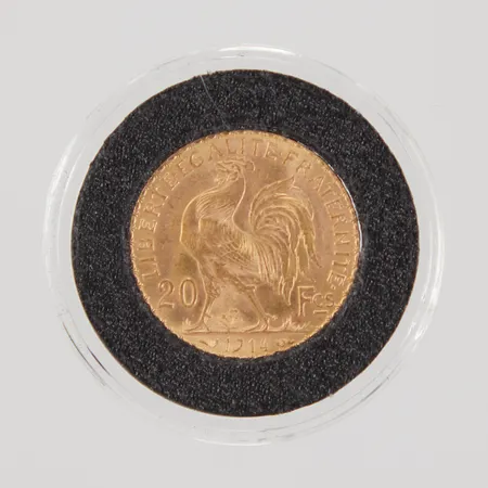 Mynt, 20 francs, Republique Francaise, Liberte Egalite Fraternite, 1914, Ø21mm, plastkapsel, 21,6K,  Vikt: 6,4 g