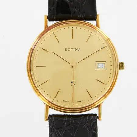 Herrur Rutina Ø30mm, quartz, datum, går ej batteribyte krävs, läderband ej original, 14K
