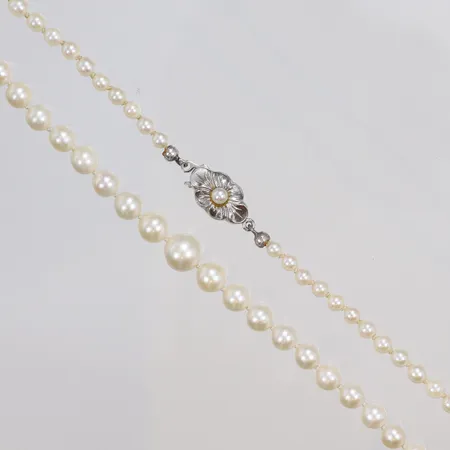 Collier med odlade saltvattenpärlor, troligen Akoya, 51cm Ø3,1-7,3mm, visst slitage, Jka, lås i silver 925/1000 Vikt: 13,3 g