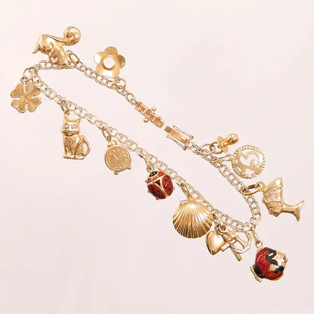 Armband, 18cm, slitna länkar, berlocker, 18K 12,9g.