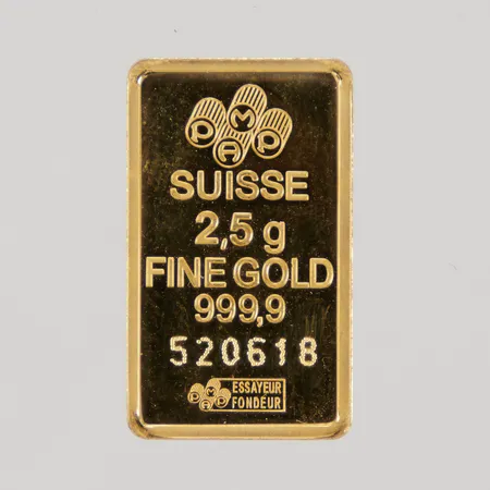 Guldtacka Pamp, 2,5gr, serienummer: 520618, uppklippt plastförpackning, 24K Vikt: 2,5 g
