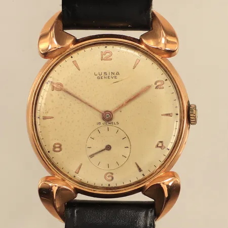 Herrur, Lusina Geneve, 18K, 34mm, manuell, boettnr 70860, repigt plexiglas, repig boett, slitet läderarmband, ask, ej original  Vikt: 0 g