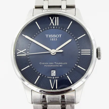 Herrur Tissot Powermatic 80, Chemin Des Tourelles, stål, automatisk, Ø40mm, blå urtavla, datum, sekundvisare, nr T099407A/C64 VLJ 52P,  glasbaksida, stållänk ca 18cm, nypris ca 10000kr, inga tillbehör. Vikt: 0 g