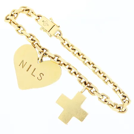 Armband Ankar, 18,5cm, bredd 5mm, 2 berlocker, gravyr, 18K  Vikt: 42,8 g
