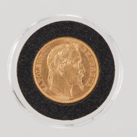 Mynt, 20 francs, Napoleon III Empereur, Empire Francais, 1867, Ø21mm, plastkapsel, Paris, 21,6K,  Vikt: 6,4 g