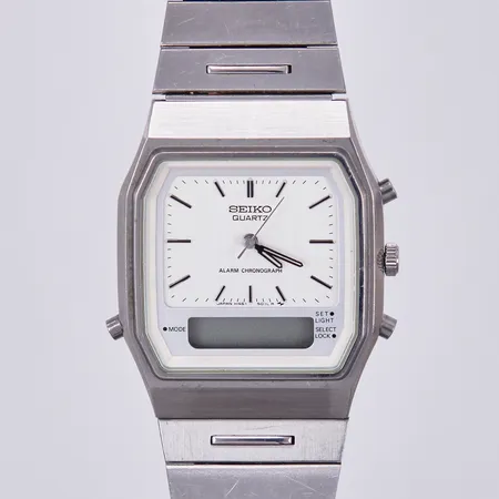 Herrur Seiko Alarm Chronograph, stål, quartz, ref-nr: H461-5010, serie-nr:5N0843, Ø32mm, kronograf, Original stål armband med bruksslitage, går ej/batteribyte krävs, inga tillbehör 