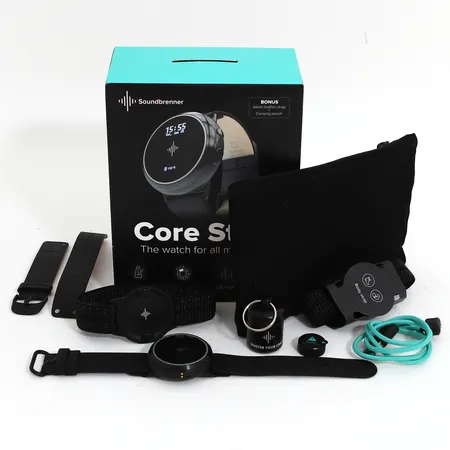 Smartwatch musikklocka Soundbrenner Core steel, Ø44mm, snr: C21120110BDO, med extra armband, body strap, laddare, dustbag, magnet och öronproppar, kvitto och kartong. Skickas med postpaket.