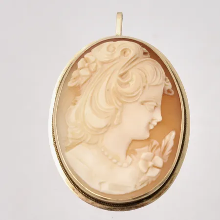 Hänge/Brosch i 14K guld, mått 29,7x43,7mm, Camé, mått 25x33,4mm, bruttovikt 5,83g, ca nettovikt 1,83g.