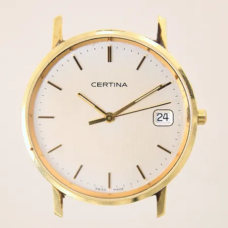 Herrur Certina, 18K, quartz, numrerad: EOL.158.9289.68, safirglas, datum, länk/band saknas, repig boett, fungerar ej, batteribyte krävs, bruttovikt: 21,2g