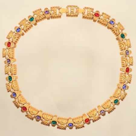 Collier med stenar, längd 45cm, bredd ca 15mm, Oscar de la Renta, guldfärgad metall. 