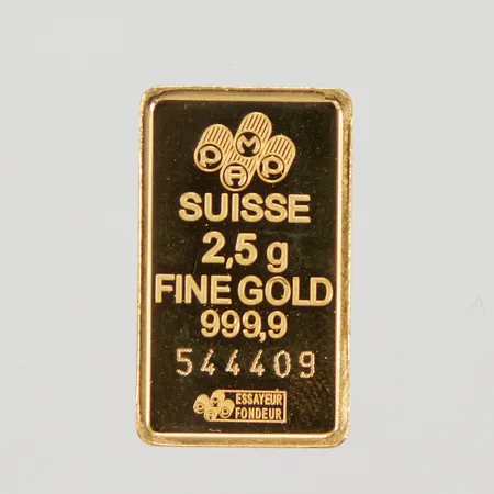 Guldtacka Pamp, 2,5gr, serienummer: 544409, uppklippt plastförpackning, 24K Vikt: 2,5 g