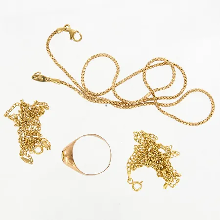 3 kedjor med skevheter, 1 ring med sten, skev, 14K Vikt: 10 g