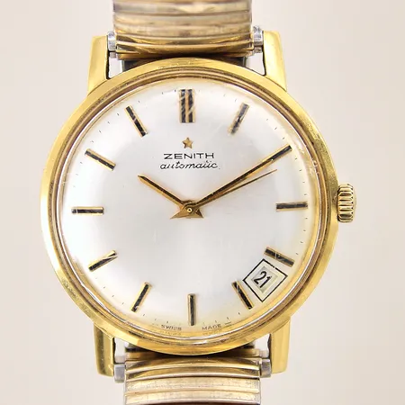Herrur Zenith, 18K, automat, Ø34mm, datum växlar långsamt, flexband ej original med slitage, repigt och krackelerat glas samt repig boett, gravyr, inga tillbehör 